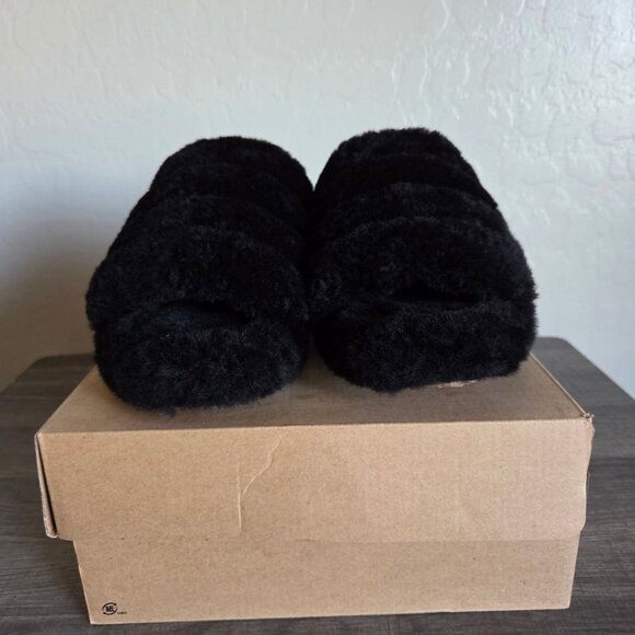 UGG Fluff Yeah Platform Slide Slipper Black Fur Sheepskin Sz Women's 9 Statement - Picture 2 of 12